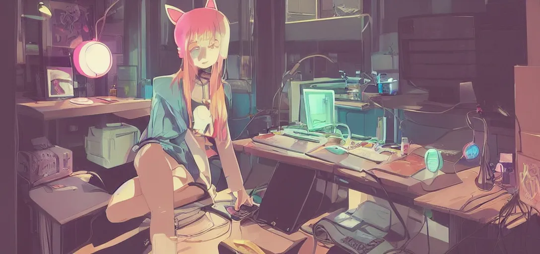 Prompt: a kawaii blond woman with cat ear headphones, sitting in front of computer, gamer, computer nerd, cute room, neon lights, gamer aesthetic, lofi vibes, strong crisp lineart and flat color, by ilya kuvshinov, krenz cushart, Greg Rutkowski, trending on pinterest