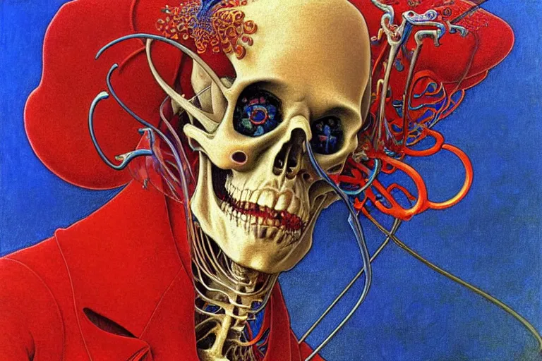 Image similar to realistic detailed closeup portrait painting of a single skeleton wearing red velvet blazer in a crowded futuristic moscow street by Jean Delville, Amano, Yves Tanguy, Alphonse Mucha, Ernst Haeckel, Edward Robert Hughes, Roger Dean, rich moody colours, blue eyes