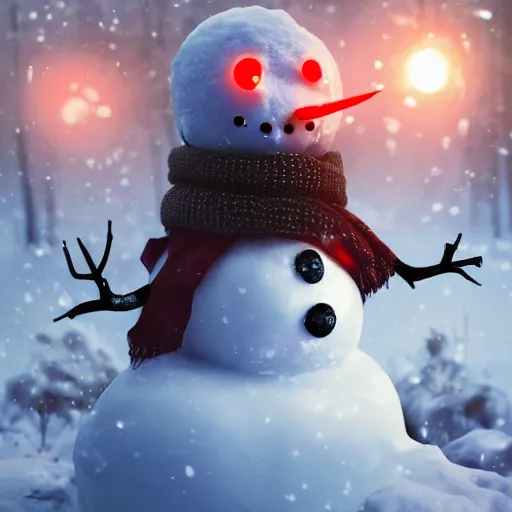 Image similar to a snowman, half made out of cyborg parts, with one glowing red eye, with an evil smile on his face, in the middle of a snow forest, dynamic lighting, photorealistic fantasy concept art, trending on art station, stunning visuals, creative, cinematic, ultra detailed