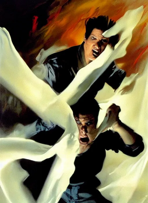 Image similar to zak bagans fighting a ghost, waving white sheet, enraged, painting by phil hale, 'action lines'!!!, graphic style, visible brushstrokes, motion blur, blurry