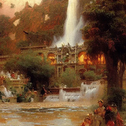 Image similar to waterfall flooding an entire city. victorian age. highly detailed painting by gaston bussiere, craig mullins, j. c. leyendecker