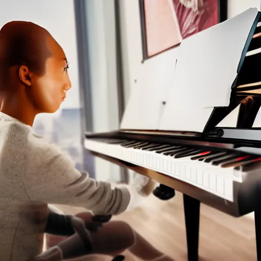 Image similar to a cyborg playing the piano in a futuristic apartment, award winning art, 4k, highly detailed, sharp focus, cinematic lighting, smooth