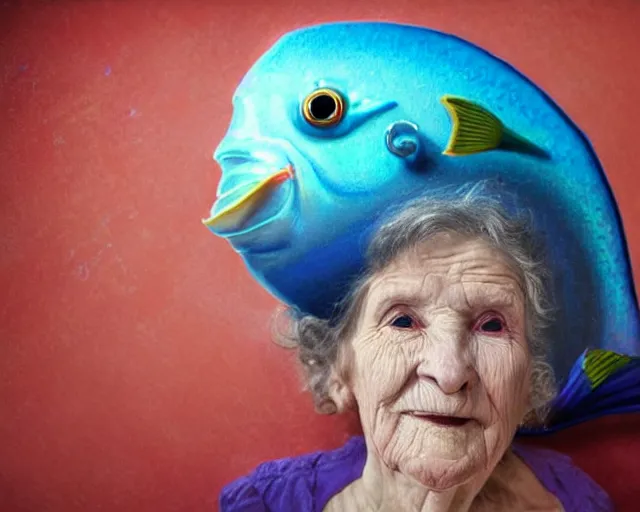 Image similar to an innocent and beautiful scene in hyper realistic style, about an old and lonely woman painting a huge colorful fish on the wall, and modeling a victorian dress. a huge and colorful fish sits on her head. 4 k. wide angle. wild. red mouth, blue eyes. deep focus, lovely scene. ambient occlusion render. unreal engine.