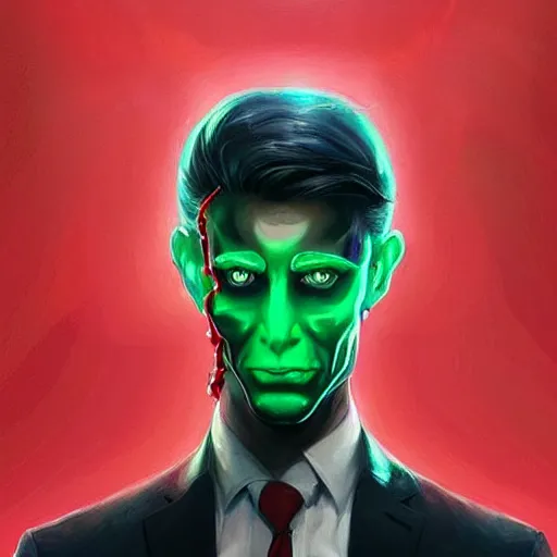 Prompt: portrait of a confident skinny dark haired man with a scar across his left eye wearing a red suit as an evil crime boss, high detail, concept art, neon color, vivid color, floating particles, glowing green eyes, background by john harris + roger dean, artwork by charlie bowater + artgerm + anato finnstark