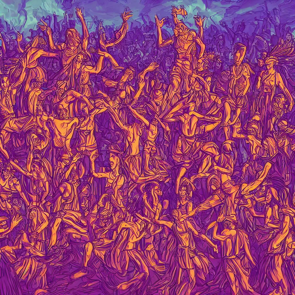 Image similar to a wooden Slavic totem of Piorun god surrounded by dancing people. Synthwave style digital art picture