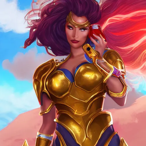 Prompt: leona from league of legends wearing gold and scarlet armor drinking a soft drink out of a blue can on a hot summer day at the beach. she is wearing wearing gold and scarlet armor. digital illustration, trending on artstation, highly detailed, excellent beautiful lighting,