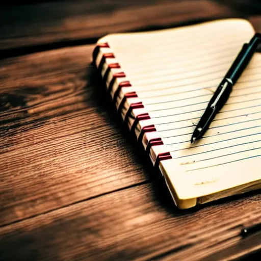 Image similar to highly detailed close up photo of an old worn notebook on wooden table, old table, feather pen, light coming out of near window, moody lighting, dust in air