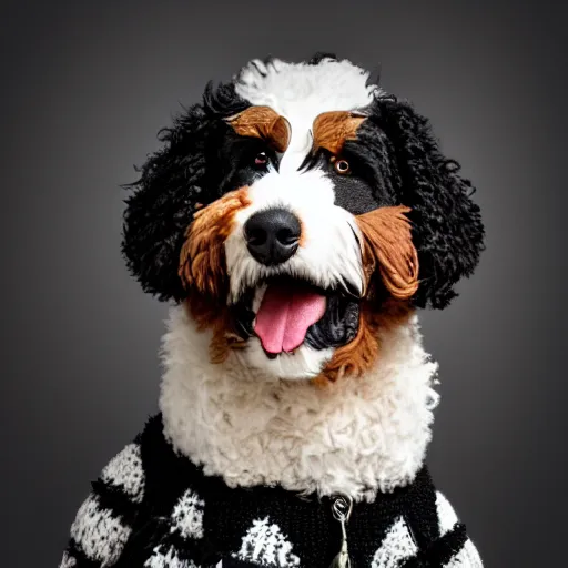 Image similar to a closeup photorealistic photograph of a cute smiling knitted bernedoodle judge dog dressed in a black gown, presiding over the courthouse. indoor image, professional capture, well lit shot. this 4 k hd image is trending on artstation, featured on behance, well - rendered, extra crisp, features intricate detail, epic composition and the style of unreal engine.