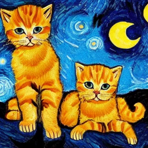 Image similar to kittens van goh style staring at moon in van goh a starry night