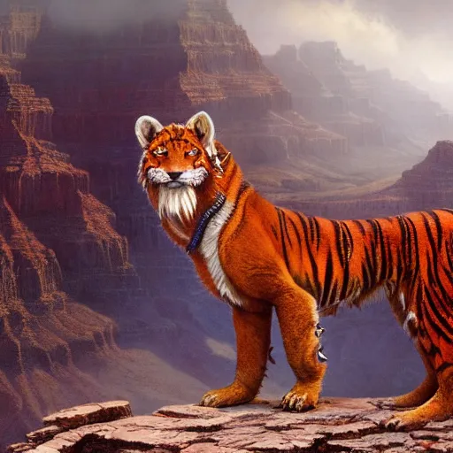 Prompt: Red Tiger Tiger Fox Beast Chimera Hybrid collar wearing feather crest paws tail eyes furry fuzzy standing atop grand canyon greg rutkowski greg danton tony sart raymond swanland chris foss chris cold christophe norman rockwell young acrylic 4k artstation wikiart wikipedia realism tilt-shift aspca national geographic