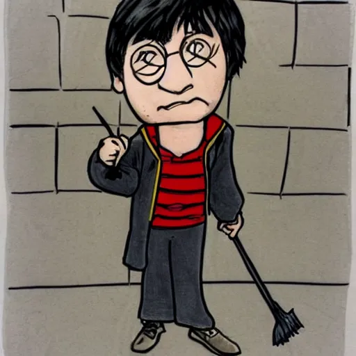 Prompt: harry potter is a bum in the streets of London, he waves with a stick and carries a broom, he looks like he is mad, caricature, pencil and alcohol markers
