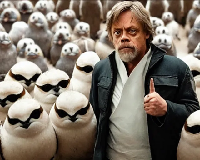 Image similar to Mark Hamill as Luke Skywalker standing with a flock of 10,100 Porgs.