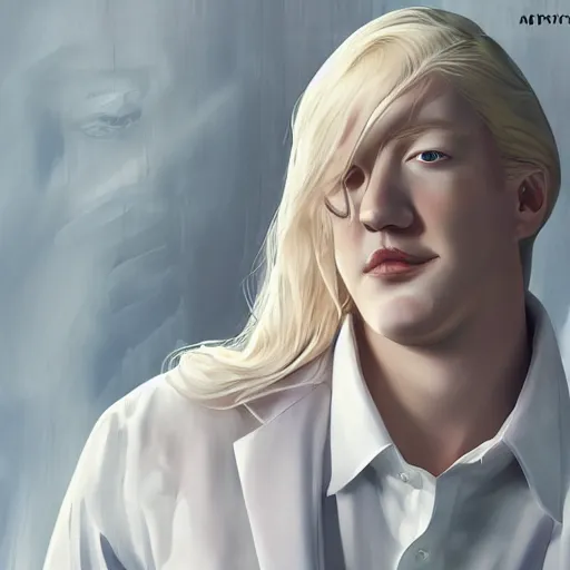 Image similar to portrait of the immensely handsome model Stephen Fry with beautiful long pale blond hair, albino white pale skin, posing for a photoshoot in the golden hour, white dress shirt open at the chest, broad shoulders and huge thick arms, ambient lighting, 4k, anime key visual, lois van baarle, ilya kuvshinov, rossdraws, artstation