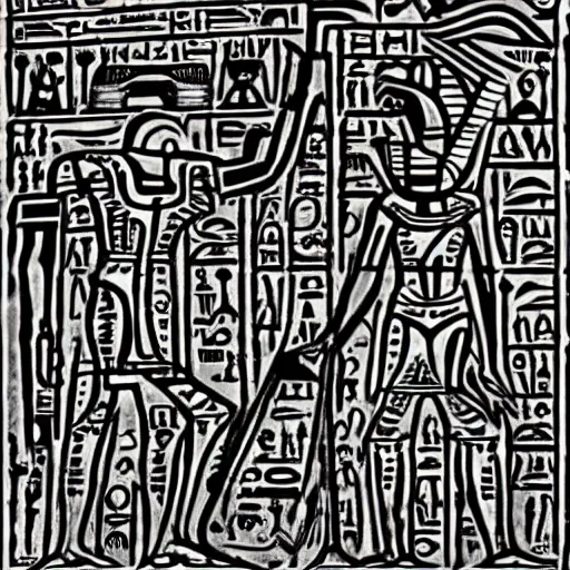 Prompt: ancient Egypt scene where jackels are taking over the city, in the style of keith harring, black and white