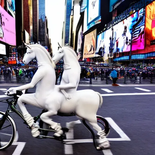 Image similar to two whitw unicorns riding bikes in time square, photoreal