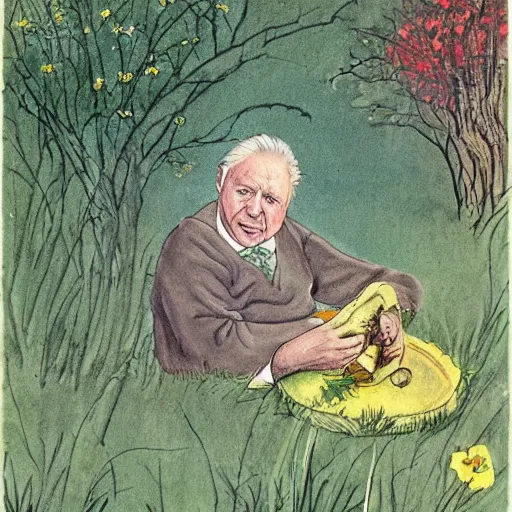 Image similar to Sir David Attenborough as Sungglepot in the style of May Gibbs,