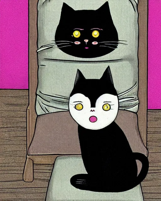 Prompt: huge black cat sitting on pillow, art by junji ito
