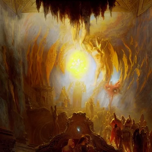 Prompt: a chapel's ceiling is broken in half as a red magical portal from hell opens up there. highly detailed painting by gaston bussiere, greg rutkowski 8 k