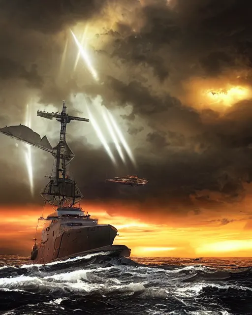 Image similar to a fishing boat on stormy seas, a gigantic star destroyer spaceship with orange lights flying overhead, the gigantic star destroyer spaceship is emerging from storm clouds, sunset lighting, stormy weather, dramatic lighting, unreal engine, hyper realism, realistic shading, cinematic composition, realistic render, octane render, detailed textures, photorealistic, ultrawide shot, 1 6 mm lens