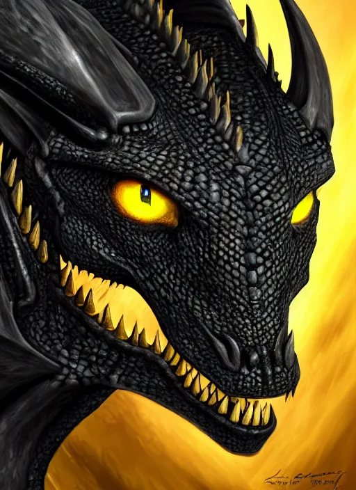 Image similar to closeup portrait of black dragon head with yellow eyes, ultra realistic, fantasy, magic, dnd,