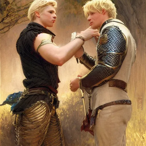 Image similar to attractive male, arthur pendragon who has blond hair confesses his love to attractive male, merlin who has dark hair. highly detailed painting by gaston bussiere, craig mullins, j. c. leyendecker 8 k