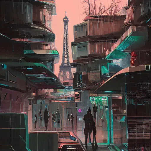 Image similar to a view on a futuristic cyberpunk paris, digital painting