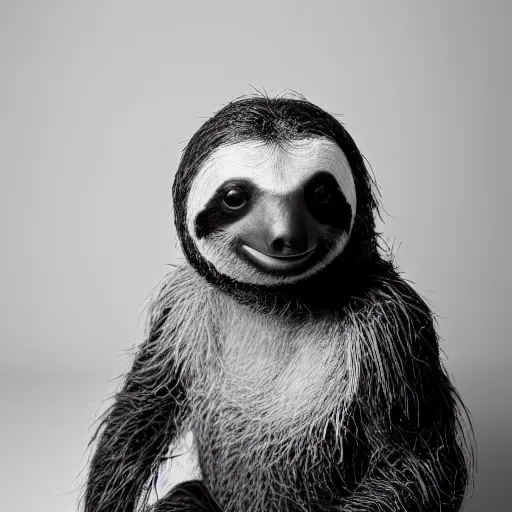 Image similar to black and white studio portrait photo of a cute sloth