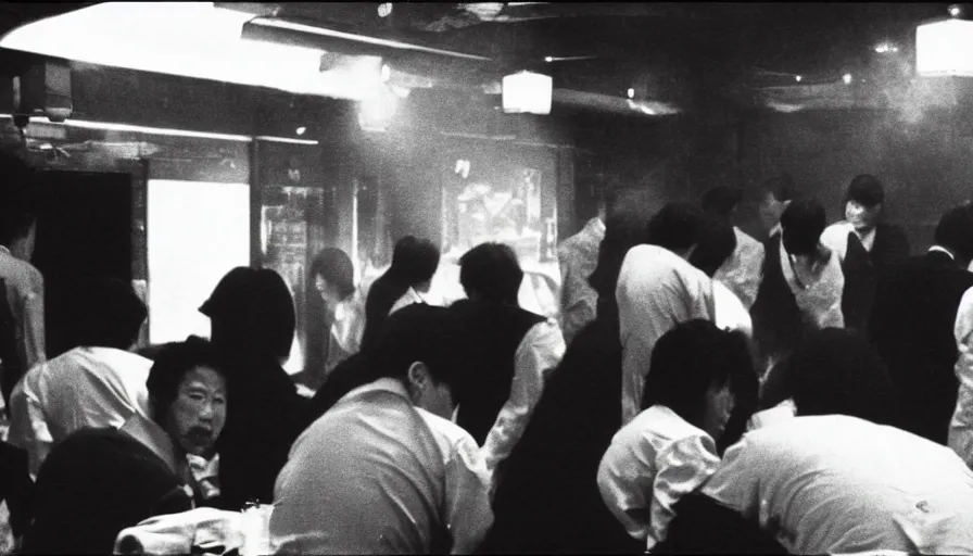 Prompt: smoky illegal yakuza casino in the Meiji era Hokkaido, 150mm lens by Akira Kurosawa, 1980 cinematography