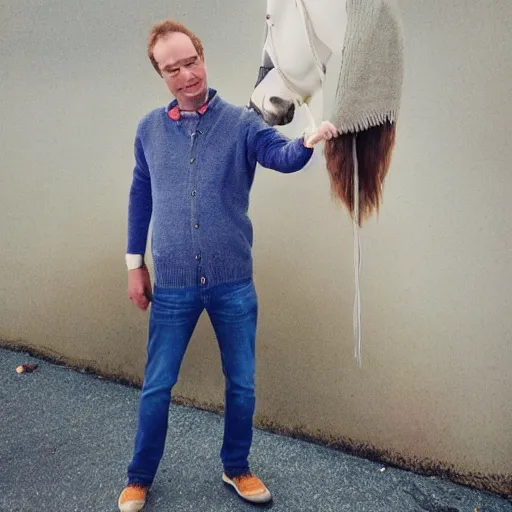 Prompt: Bojack Horseman in real life, A horse wearing a cardigan and jeans, photo