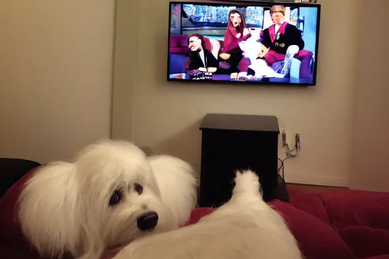 Prompt: maltese watching tv on sofa