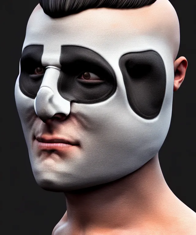 Image similar to white man with black fabric mask, short dark hair, highly detailed face!!!, true anatomy!, extremely detailed!, digital painting, unreal engine 5, art by alberto mielgo