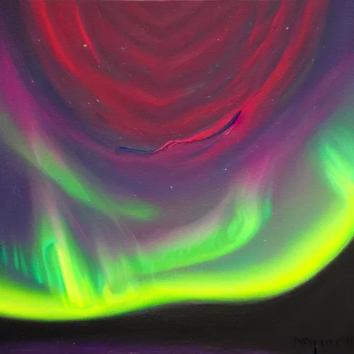 Image similar to a painting of the aurora borealis in the night sky, an oil on canvas painting by Nína Tryggvadóttir, deviantart, metaphysical painting, bioluminescence, nightscape, sense of awe