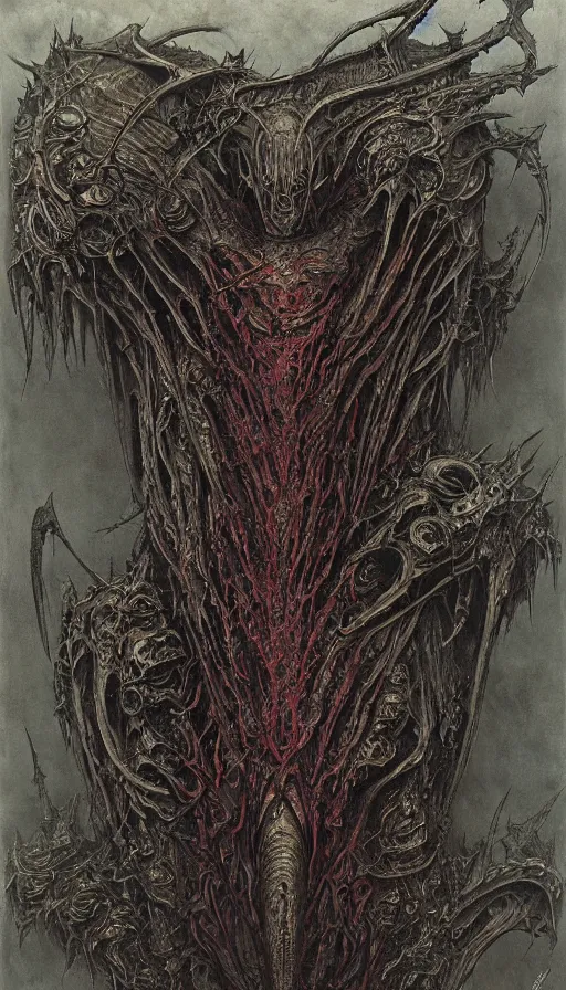 Prompt: Scorn themed painting of symmetrical organic torso Leviathan infernal armor anatomy with bat wings and extended evil hands concept, intricate artwork by H.R. Giger, Johnatan Wayshak, Zdizslaw Beksinski, Ayami Kojima, Amano, Karol Bak, Moebius, and Mark Brooks, Neo-Gothic, gothic, rich deep colors, art by Takato Yamamoto, masterpiece, face by Artgerm, very coherent artwork, cinematic, hyper realism, high detail, octane render, unreal engine, 8k, High contrast, golden ratio, trending on cgsociety