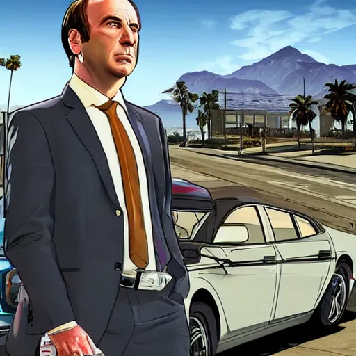 Image similar to Saul Goodman in GTA V . Los Santos in the background, palm trees. In the art style of Stephen Bliss.