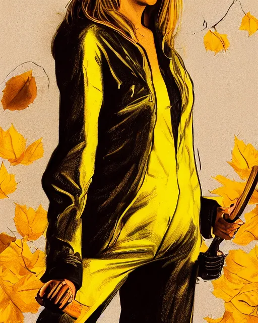 Image similar to drawing of a beautiful uma thurman in kill bill, wearing a yellow jumpsuit with a black stripe, swinging katana, beautiful confident and piercing eyes, beautiful blonde hair, hyper realistic face, with autumn leafs, in the style of greg rutkowski, amazing detail, epic, elegant, smooth, sharp focus, from the front