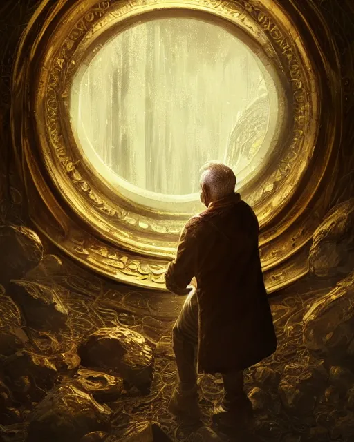 Image similar to An old man looking into a golden mirror, highly detailed, fantasy art, in the style of greg rutkowski, illustration, epic, fantasy, intricate, hyper detailed, artstation, concept art, smooth, sharp focus, ray tracing