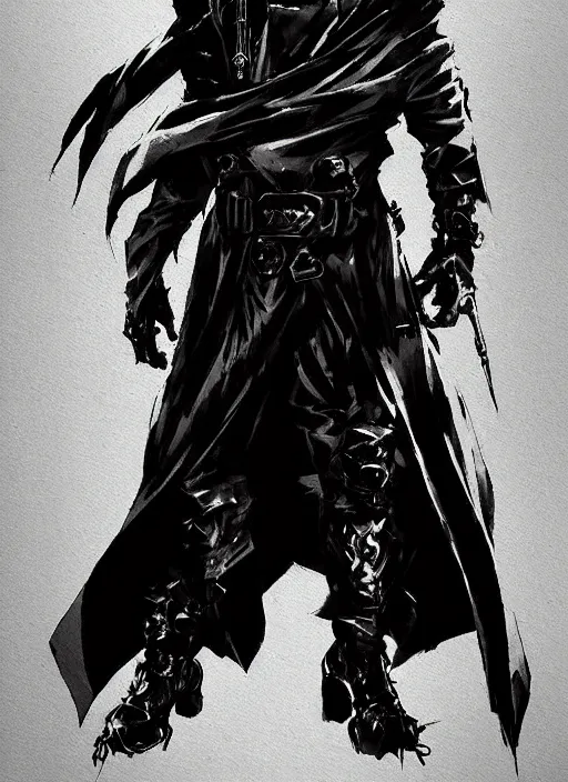 Image similar to evil deity, a man in black mask and black rugged long trench coat. in style of yoji shinkawa and hyung - tae kim, trending on artstation, dark fantasy, great composition, concept art, highly detailed, dynamic pose.