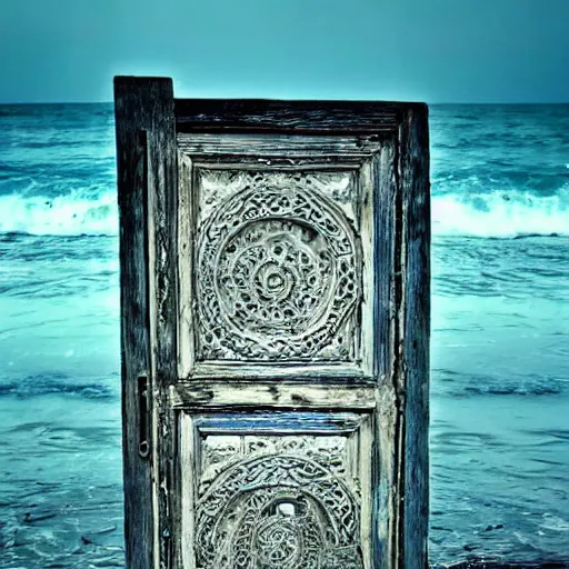Image similar to A door in the sea, intricate details, eerie, highly detailed, colorful, clean, update