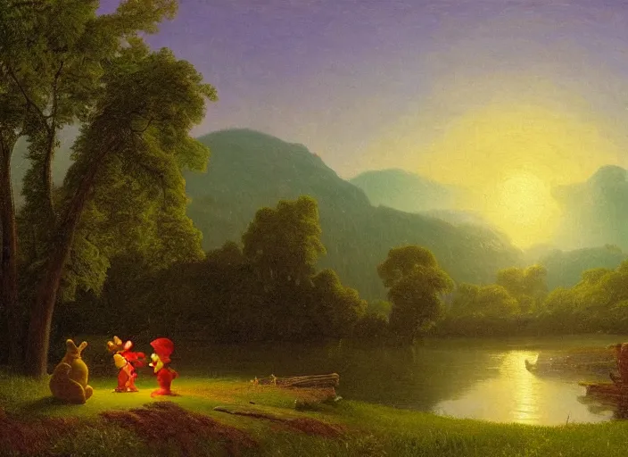 Image similar to american realist romanticism landscape painting of winnie the pooh characters at night, night time, colorful paper lanterns, in the style of hudson river school and thomas cole and albert bierstadt and robert duncanson and vincent van gogh