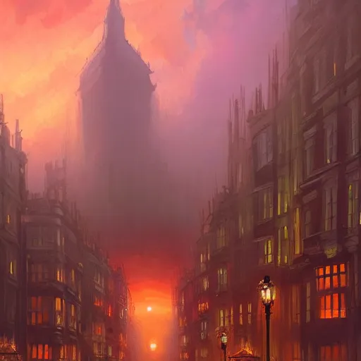 Image similar to a beautiful artwork painting of an alien mothership hovering above rainy victorian london at sunset, by andreas rocha, featured on artstation