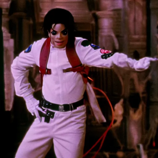 Image similar to stunning awe inspiring michael jackson as a ghostbuster in the movie ghostbusters, movie still 8 k hdr atmospheric lighting