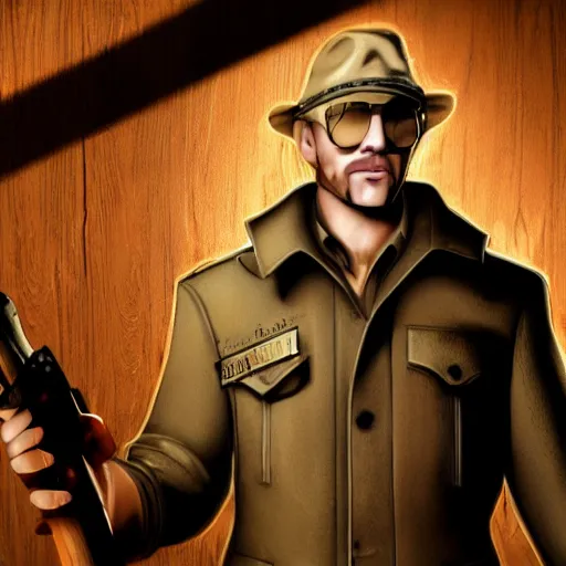 Prompt: blonde Viktor Reznov from Call of Duty: World at War with a beige coat, a blonde goatee, short hair, beige fedora, and sunglasses, holding a wooden AWP, photorealistic, dramatic lighting, establishing shot