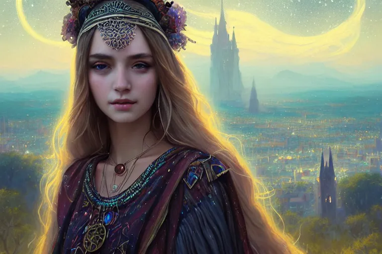 Prompt: masterpiece portrait charming and miracle female luxury astromancer boho accessories in dreamlike movie, high detailed face, art by artgerm, greg rutkowski, sasoura, satchely, big major starry sky and city in background, uhd, medium long shot, fantasy, no distorsion, sharp focus, front light