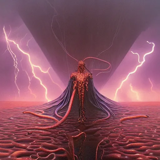 Image similar to An amorphic being with tentacles of liquid reflective copper and chrome emerges from the dark surreal ether, mist amidst lightning, high contrast lighting, backlit by Michael Whelan