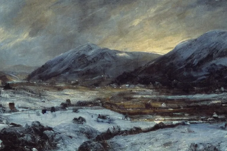 Image similar to a beautiful oil painting of a Scottish Highland winter landscape, evening light, by john constable, beautiful light, detailed, dramatic