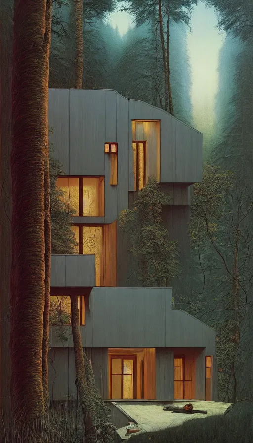 Image similar to cozy ultra modern home in the woods moody lighting, highly detailed, painting by zdzisław beksinski and norman rockwell and greg rutkowskiweta studio, and lucasfilm