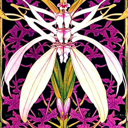 Prompt: orchid mantis by William Morris and Carlos Schwabe, horizontal symmetry, exquisite fine details, baroque ornamentation, Art Nouveau botanicals, deep rich moody colors