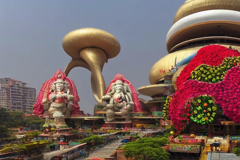 Image similar to magnificent futuristic new delhi, sharp biophilic ganesha!! building, kalighat flowers, highly detailed, stephen shore & john j. park, cinematic light, wide shot, ground angle, uhd 8 k, sharp focus