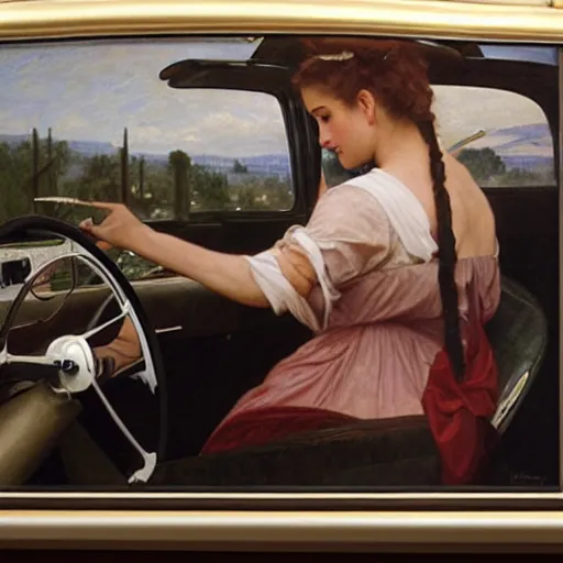 Image similar to an oil painting of an angel driving a 1950s car ordering in drive through, interior view, by Bouguereau, highly realistic and intricate