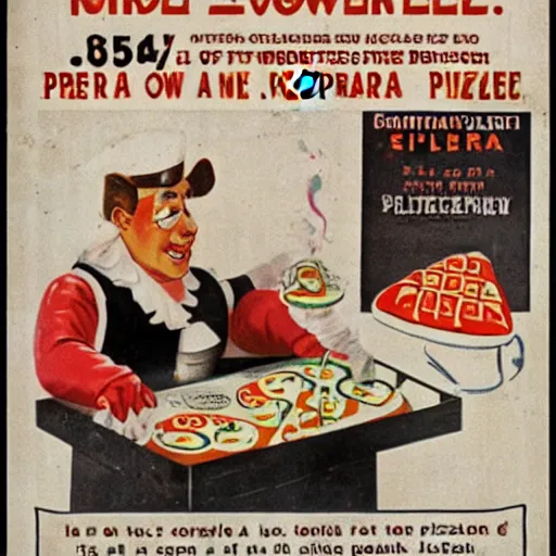 Prompt: an old advertisement for a pizzeria